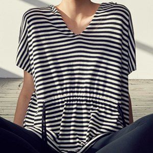 White + Warren Striped Hooded Drawstring Poncho